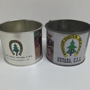 Vintage Bonanza Ponderosa Ranch souvenir tin cups.